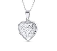 Bling Jewelry Vintage Style Simple Plain Traditional Keepsake Domed Puff carved Leaf Heart Shaped Photo Locket For Women Teens Holds Photos Pictures .925 Silver Necklace Pendant Medium