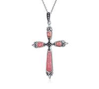 Bling Jewelry Vintage Western Style Spiritual Religious Pink Rhodochrosite Gemstone Fleur De Lis Cross Pendant Necklace For Women Teen Oxidized .925 Sterling Silver