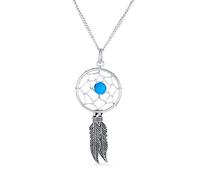 Bling Jewelry Western Boho Turquoise Accent Native American Indian Feathers Leaf Dream Catcher Pendant Necklace For Women Teens Oxidized .925 Sterling Silver