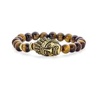 Bling Jewelry Western Warrior American Native Brown Tiger Eye Round Bead Strand Stretch Indian Chief Head Bracelet For Men Women Gold Plated Stackable Adjustable