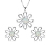 Bling Jewelry White Rainbow Created Opal Daisy Flower Pendant Necklace and Earring Set For Women .925 Sterling Silver October Birthstone