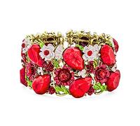Bling Jewelry Wide Red Crystal Flower Statement Cuff Bracelet For Women Flexible Oxidized Gold Plated