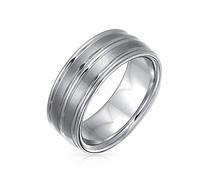 Bling Jewelry Wide Silver Tone Double Grooved Brushed Matte Titanium Wedding Band Ring For Men Comfort Fit 8MM