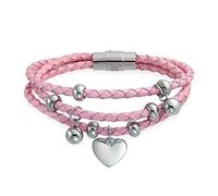 Bling Jewelry Women's Pink Triple Strand Braided Leather Bracelet With Dangling Heart Charms - Stainless Steel Gift For Girlfriend