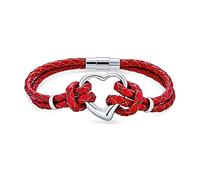 Bling Jewelry Women's Red Woven Open Heart Thin Braided Cord Multi Strand Leather Bracelet Girlfriend Silver Tone Steel