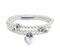 Bling Jewelry Women's White Triple Strand Braided Leather Bracelet With Dangling Heart Charms - Stainless Steel Gift For Girlfriend