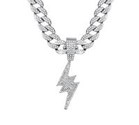 Bling Lightning Bolt CZ Iced Out Necklace for Men,Fake Diamond Thick Cuban Link Chain Rapper Hip Hop Custume Jewelry 18K Gold/Platinum Plated with Sparkly Lightning Charms, L, Stainless Steel, Cubic