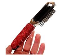 Bling Luxury Portable Folding Hair Comb with Mirror - Water Rhinestone Design, 20CM Extra Long Teeth, Cushion Brush for Women - Stylish Travel Compact (Red)
