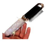 Bling Luxury Portable Folding Hair Comb with Mirror - Water Rhinestone Design, 2CM Extra Long Teeth, Cushion Brush for Women - Stylish Travel Compact (Pink)