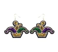 Bling Mardi Gras Tassel Beaded Drop Dangle Earrings Shiny Sequined Mardi Gras Clown Hat Mask Earrings Green Yellow Purple Lightweight Carnival Theme Holiday Jewelry, fabric, No Gemstone