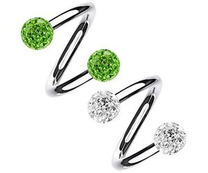Bling Piercing 2pc 1.2mm 16g 1.2mm Sparkly Crystal Spiral Barbell Cartilage Earring Surgical Steel Twister Spiral Lip Ring 8mm - Peridot