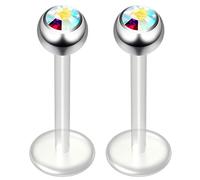 Bling Piercing 2pc 16g 1.2mm Aurora Borealis Bioplast Labret Bar Flexible Lip Stud Clear BioFlex Hypoallergenic Jewellery 10mm