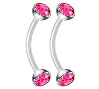 Bling Piercing 2pc 16g Flexible Bioflex Curved Barbell Halfball Rose Crystal 10mm Bioplast J-Curve Bent Banana Bar