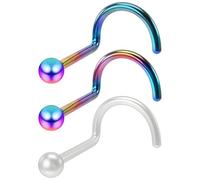 Bling Piercing 2pc 20g 0.8mm 2mm Nose Bar Screw Rainbow Stainless Steel Twist Corkscrew Nostril Stud Rings - Clear Retainer Keeper