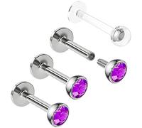 Bling Piercing 3pc 16g 1.2mm 6mm Labret Bar Stud Lip Ring 3mm Amethyst CZ Snake Bite Marilyn Monroe 6mm + Clear Retainer Keeper