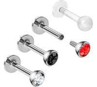 Bling Piercing 3pc 16g 1.2mm 6mm Red Labret Bar Stud Lip Ring 3mm Crystal CZ Snake Bite Marilyn Monroe 6mm + Clear Retainer Keeper