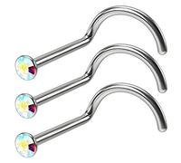Bling Piercing 3pc 18g 1mm Stainless Steel CZ Nose Bar Screw Corskscrew Nostril Stud Piercing AB Aurora Crystal
