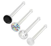 Bling Piercing 4pc 0.8mm 20g 0.8mm Nose Stud Bone Straight Bar Nostril Ring Surgical Steel 2.5mm CZ AB Jet Crystal Bioflex Stud Retainer Keeper