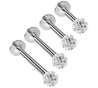Bling Piercing 4pc Labret Bar Studs 1.2mm 16g Monroe Lip Stud 6mm 8mm 10mm 12mm Surgical Steel Stainless Ferido Gem Ball Set Externally Threaded Pack Tragus for Men Women Flat Snake Bites Bar