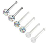 Bling Piercing 6pc 1mm 18g 1mm Nose Stud Bone Straight Bar Nostril Ring Surgical Steel 2.5mm Crystal and 0.8mm 20g AB Bioflex Stud 0.8mm Retainer Keeper
