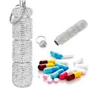 Bling Pill Case Portable Travel Pill Container ins Rhinestone Waterproof Small Pill Holder with Keychain Cute Pill Storage Box(Red)