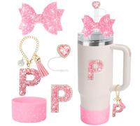 Bling Sparkly Accessories Set For Stanley 30oz 40oz Cup,Including Rhinestone Straw Cover,Rhinestone Letter Sticker,Rhinestone Letter Handle Charm,Sparkly Bow Decorations and Silicone Boot-5pcs
