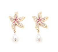 Bling Starfish Earrings Handmade Statement Dangle Earrings Simulated Pearl Crystal Summer Funky Crawfish Earrings Weird Boho Vacation Earrings Jewelry Beach Lover Gift, Alloy Steel, No Gemstone