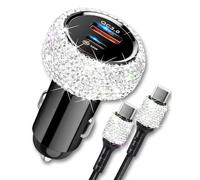 Bling USB C Car Charger, 48W PD QC Dual Port Fast Adapter with 3.2FT USB Type-C Charging Cable Compatible with iPhone 17 16 15 Pro Max iPad Samsung Galaxy Android(Pink)