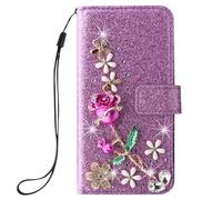 Bling Wallet Case for Samsung Galaxy S25FE Glitter Bling Cover Purple Handmade 3D Rose Flower Woman Stylish Diamond PU Leather Flip Folio Stand with Card Holder,3D Sparkle Crystal Magnetic Phone Case