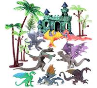 BlingABC - 15 Pcs Dragon Cake Toppers, Medieval Plastic Dragon Figures with Castle Tree Toys Game for Kids Birthday Baby Shower Halloween Party Supplies