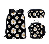 BlingBTEM Backpack with Lunch Case Pencil Box 3pcs Set Heavy Duty Chid Girls Boys Stylish Flower Daisy Printing Pack with Pen Holders Backpacks Schoolbag DA216