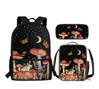 BlingBTEM Backpack with Lunch Case Pencil Box 3pcs Set Mushroom Moon for Teen Girls Book Lightweight Canvas + Box+ 17 Inch Backpacks Schoolbag DA914