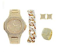 Blinged Out Wrist Watch Challenge - Be Legendary in Your Crew with The Ultimate Gold Iced Out Oblong Hip Watch Cuban Bracelet, Pave Earrings, and Men's Bling King Ring - 8967GCER (8)