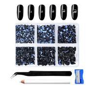 Blinginbox Hot Fix Rhinestones for Clothes Shoes Bags Phone Wallet Crafts Nail Art Flatback Gemstone Round Glass Crystal Mixed 6 Sizes Kit with Tweezers, Wax Penci and Sharpener of 1200PCS Jet Black