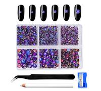 Blinginbox Hot Fix Rhinestones for Clothes Shoes Bags Phone Wallet Crafts Nail Art Flatback Gemstone Crystal Mixed 6 Sizes Kit with Tweezers, Wax Penci and Sharpener of 1200PCS Purple Velvet