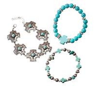 BlingNook Boho Bracelets For Women, Western Vintage Bohemian Hand Chain Set Heart Love Sunflower Beads Retro Cross Turquoise Bracelet Jewelry Gift, One Size, Metal, No Gemstone