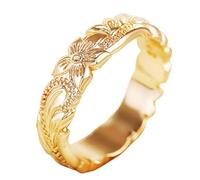 BlingNook Dainty Chunky Gold Flower Ring For Women, 14k Carving Process Engraved Plumeria Stackable Pinky Thumb Rings Wedding Promise Engagement Couples Men Jewelry Gift, Brass, No Gemstone