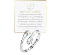 BlingNook Daughter Hug Ring For Hope Rings, Stainless Steel Motivation Hugging Hands Open Engraved Always With You Message Adjustable Non Tarnish Jewelry Birthday Gift Card, Stainless Steel, No