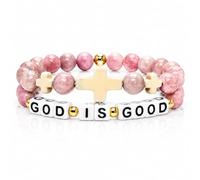 BlingNook God Is Good Beads Bracelet for Women, Cross Christian Double-layer Natural Stone Beaded Religious Faith Inspirational Jesus Prayer Jewelry