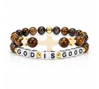 BlingNook God Is Good Beads Bracelet for Women, Cross Christian Double-layer Natural Stone Beaded Religious Faith Inspirational Jesus Prayer Jewelry