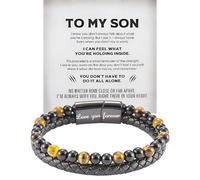 BlingNook The Guardian - Son's Tiger Eye Protection Bracelet From Mom, Love You Forever Linked Together To My Son Leather Black Beads Engraved Cuff Bangle Birthday Jewelry Gift Card, One Size, Leather