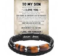 BlingNook The Guardian - Son's Tiger Eye Protection Bracelet From Mom, Love You Forever Linked Together To My Son Leather Black Beads Engraved Cuff Bangle Birthday Jewelry Gift Card, One Size, Leather