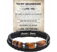 BlingNook The Guardian - Son's Tiger Eye Protection Bracelet From Mom, Love You Forever Linked Together To My Son Leather Black Beads Engraved Cuff Bangle Birthday Jewelry Gift Card, One Size, Leather