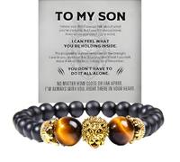 BlingNook The Guardian - Son's Tiger Eye Protection Bracelet From Mom, Love You Forever Linked Together To My Son Leather Black Beads Engraved Cuff Bangle Birthday Jewelry Gift Card, One Size, Leather