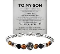 BlingNook The Guardian - Son's Tiger Eye Protection Bracelet From Mom, Love You Forever Linked Together To My Son Leather Black Beads Engraved Cuff Bangle Birthday Jewelry Gift Card, One Size, Leather