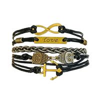 BlingNuts Multilayer Braided Leather Wrap Bracelet for Women Sideways Infinity Owl Family Tree Love Heart Anchor Wristband Bracelets Friendship Jewelry, F, Stainless Steel, no gemstone