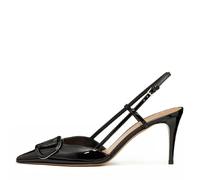 BlingQueen Women Heeled Slingback Sandals Closed Pointed Toe Stiletto High Heels Patent Leather Pumps Slip-On Backless Evening Prom Party Dress Shoes, Black, 5.5