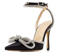 BlingQueen Women's Heeled Sandals Satin Rhinestone Ankle Strap Pumps Crystal Embellishment Pointy Stilettos Backless Wedding Dress Heeled Sandals, Black Bow, 2 UK