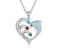 BlingSparkle Custom Engraved Dolphin & Heart Pendant Necklace with Simulated Birthstone Charm Personalized Jewelry Gift for Women, Mom, Unique Animal Jewelry Gift with Adjustable Chain- 3 Birthstones