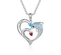 BlingSparkle Custom Engraved Dolphin & Heart Pendant Necklace with Simulated Birthstone Charm - Personalized Jewelry Gift for Women, Mom, Unique Animal Jewelry Gift with Adjustable Chain